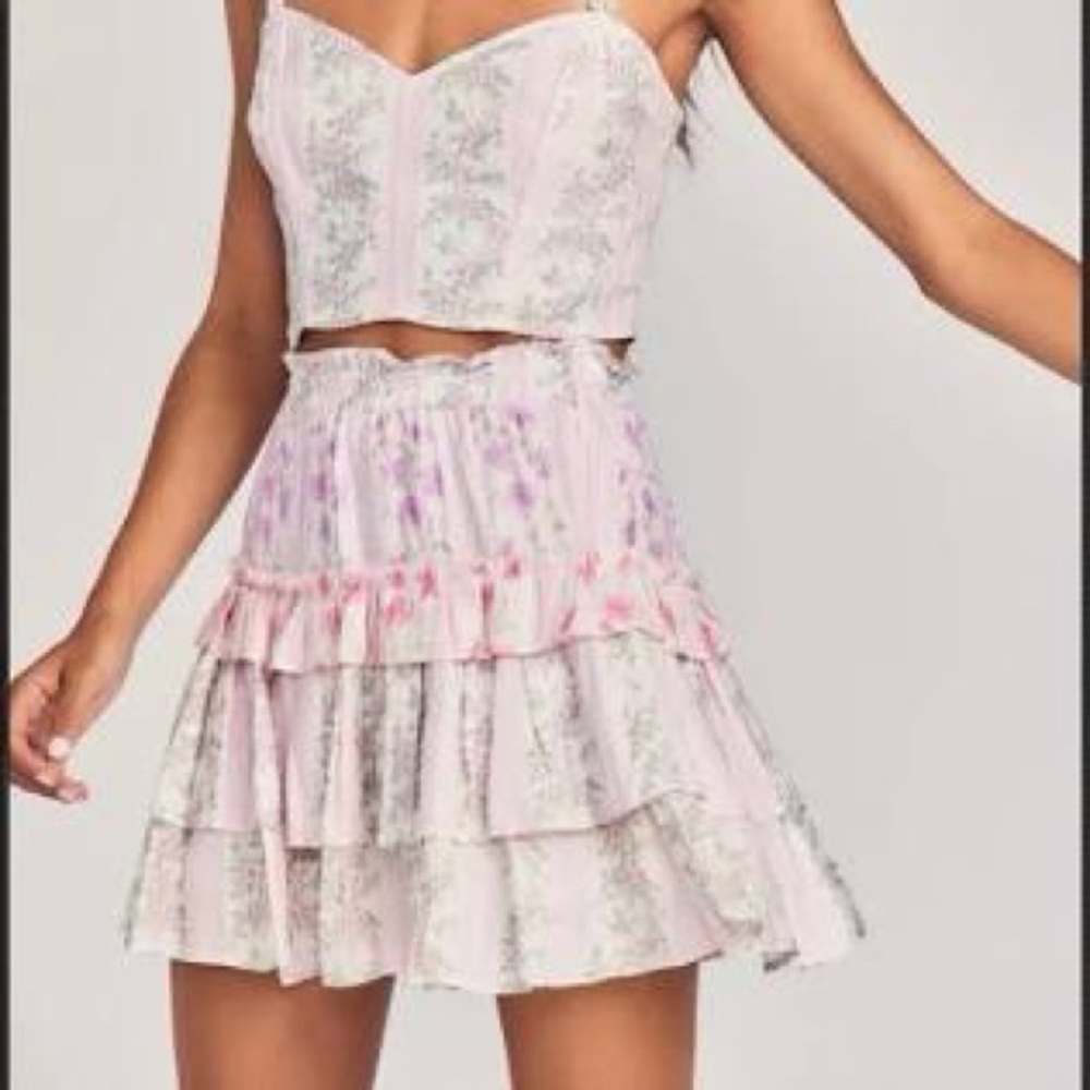 LoveShackFancy Pink and White Mini Skater Skirt